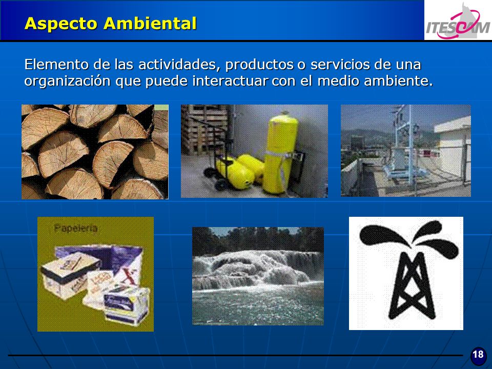 Aspecto Ambiental Elemento de las actividades, productos o servicios de una organización que puede interactuar con el medio ambiente.