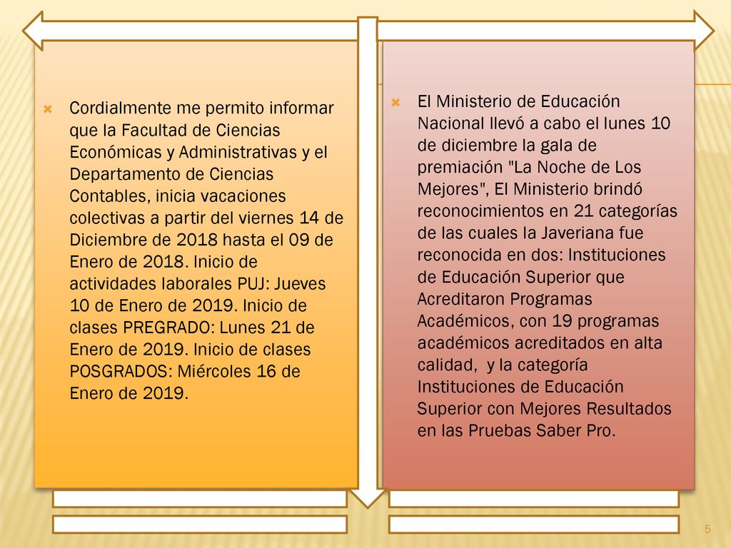 Cordialmente me permito informar que la Facultad de Ciencias Económicas y Administrativas y el Departamento de Ciencias Contables, inicia vacaciones colectivas a partir del viernes 14 de Diciembre de 2018 hasta el 09 de Enero de Inicio de actividades laborales PUJ: Jueves 10 de Enero de Inicio de clases PREGRADO: Lunes 21 de Enero de Inicio de clases POSGRADOS: Miércoles 16 de Enero de 2019.