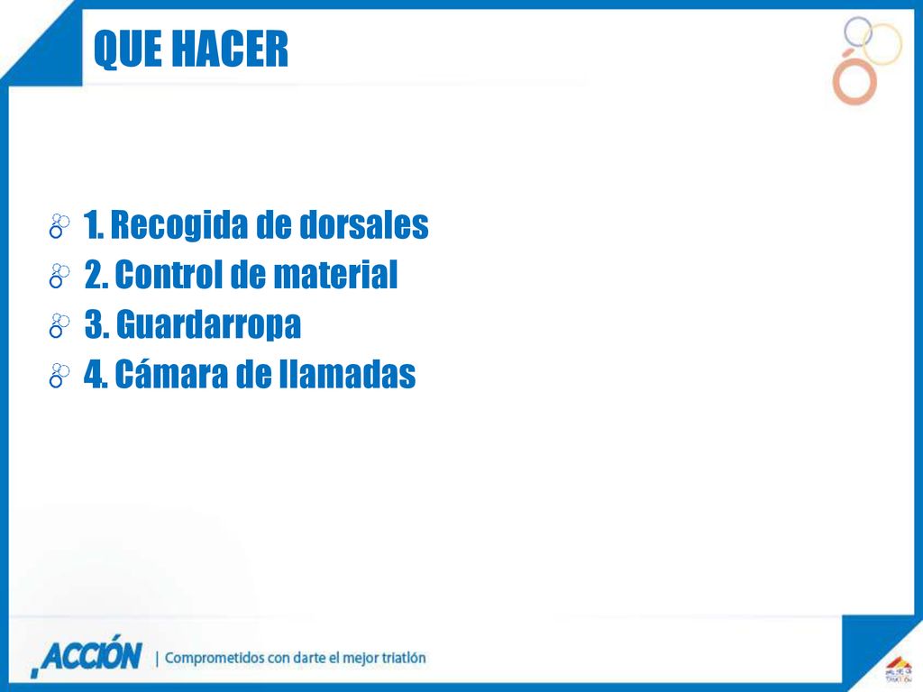 QUE HACER 1. Recogida de dorsales 2. Control de material