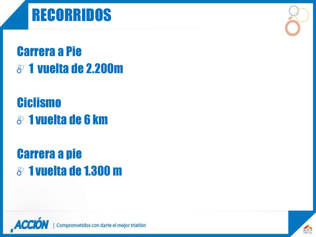 recorridos Carrera a Pie 1 vuelta de 2.200m Ciclismo 1 vuelta de 6 km
