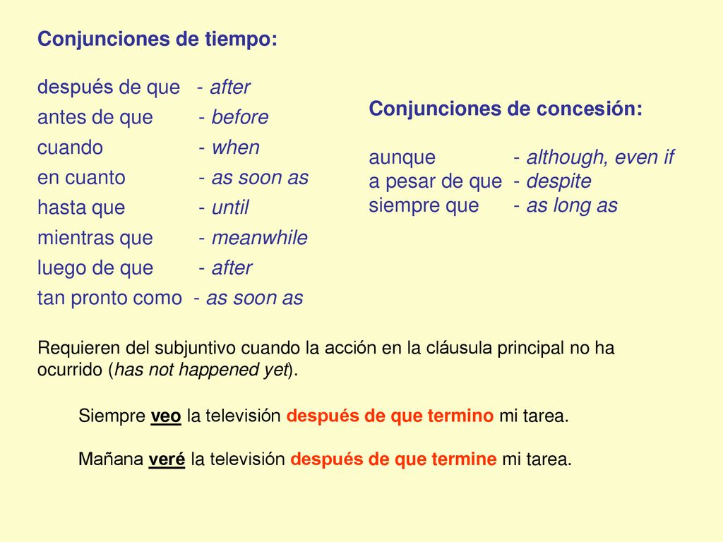 Conjunciones de tiempo: después de que - after antes de que - before