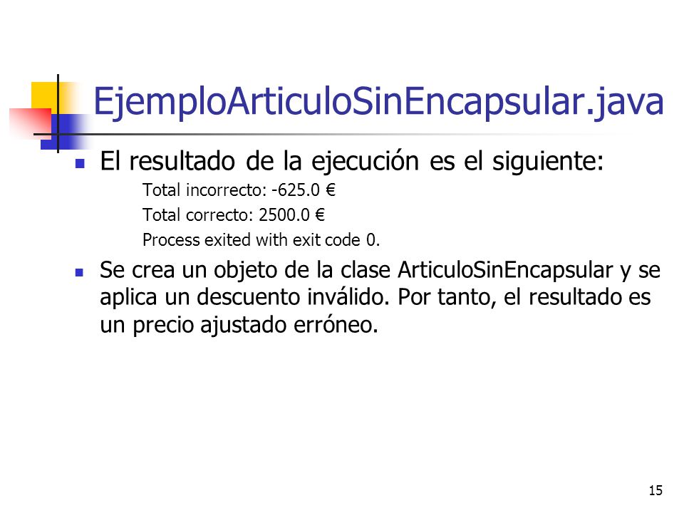 EjemploArticuloSinEncapsular.java El resultado de la ejecución es el siguiente: Total incorrecto: €