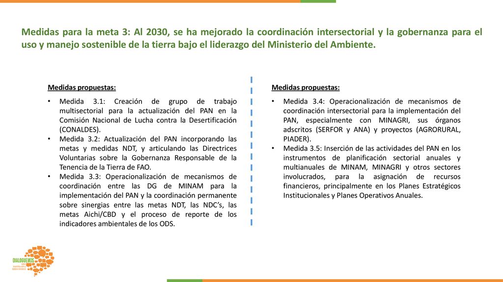 Medidas para la meta 3: Al 2030, se ha mejorado la coordinación intersectorial y la gobernanza para el uso y manejo sostenible de la tierra bajo el liderazgo del Ministerio del Ambiente.