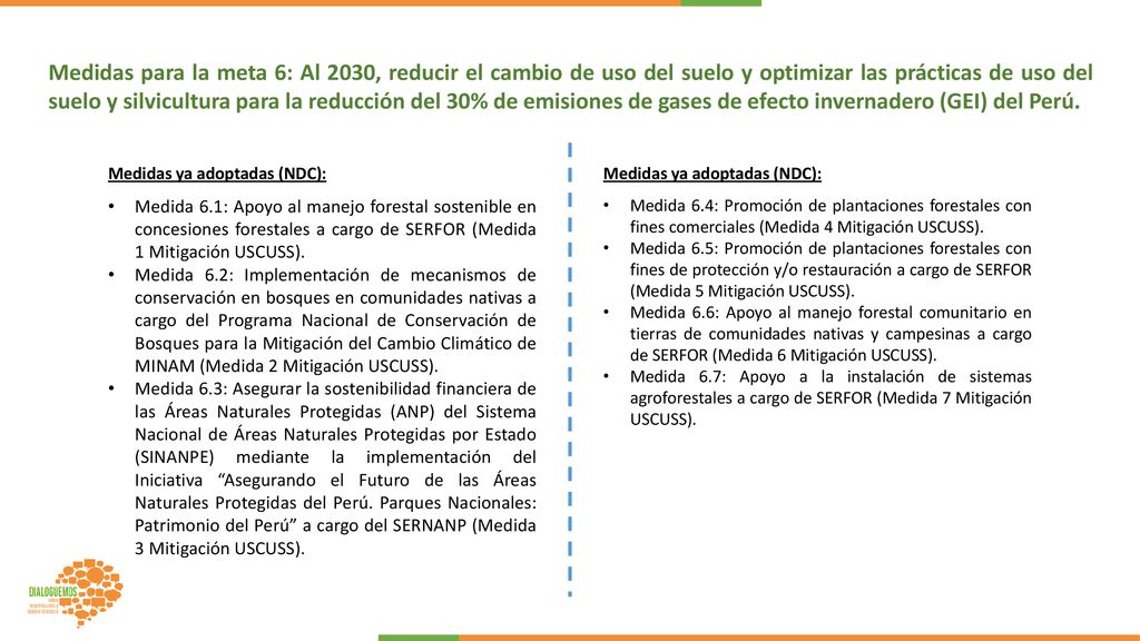 Medidas para la meta 6: Al 2030, reducir el cambio de uso del suelo y optimizar las prácticas de uso del suelo y silvicultura para la reducción del 30% de emisiones de gases de efecto invernadero (GEI) del Perú.
