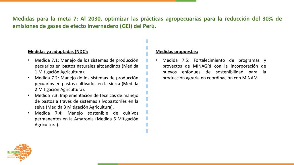 Medidas para la meta 7: Al 2030, optimizar las prácticas agropecuarias para la reducción del 30% de emisiones de gases de efecto invernadero (GEI) del Perú.
