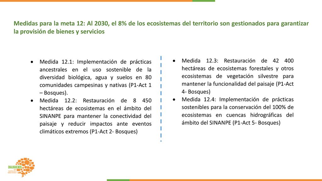 Medidas para la meta 12: Al 2030, el 8% de los ecosistemas del territorio son gestionados para garantizar la provisión de bienes y servicios