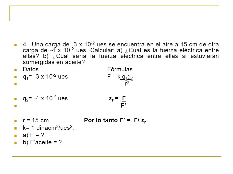 r = 15 cm Por lo tanto F’ = F/ εr k= 1 dinacm2/ues2. a) F =