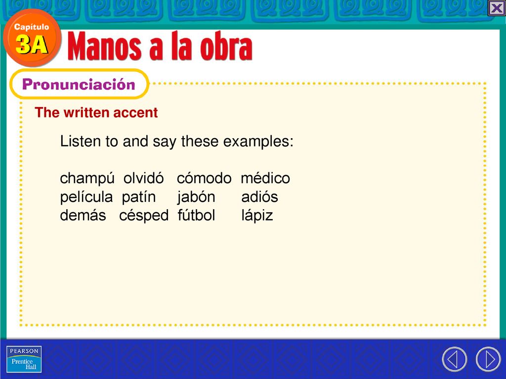 Listen to and say these examples: champú olvidó cómodo médico