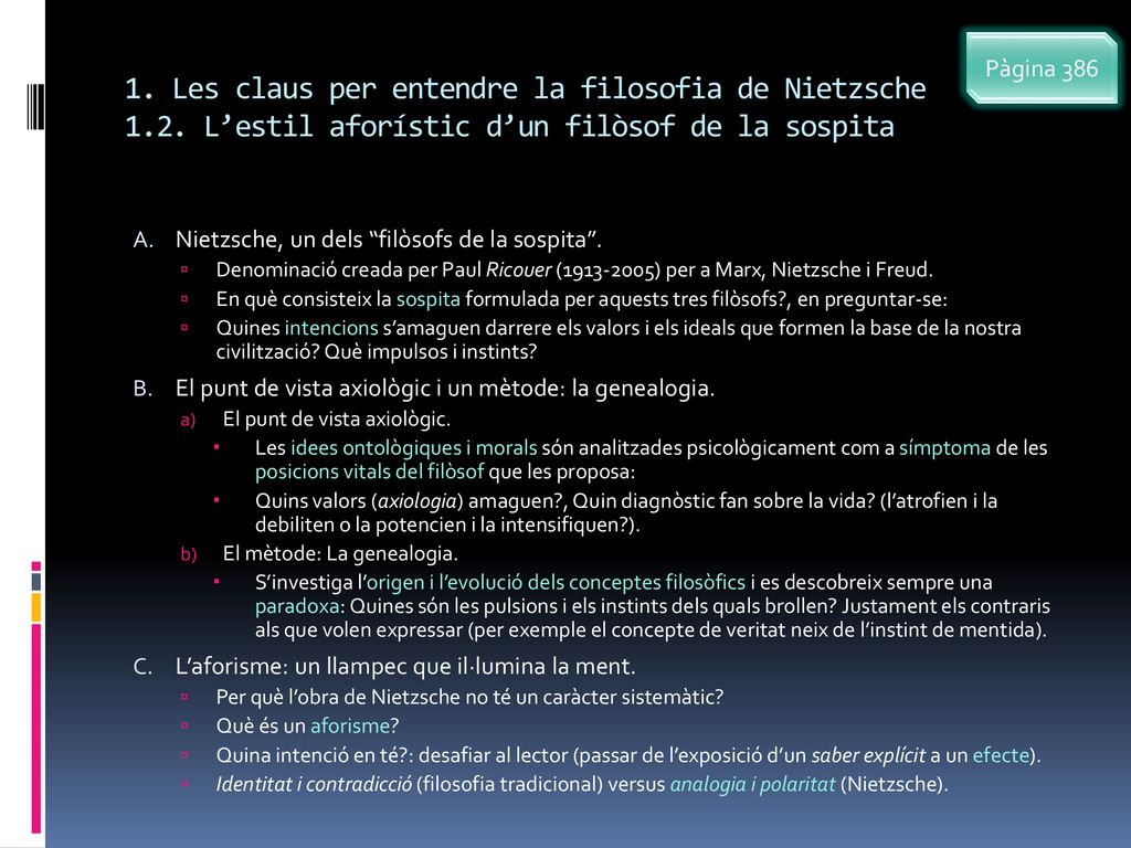 Pàgina Les claus per entendre la filosofia de Nietzsche 1.2. L’estil aforístic d’un filòsof de la sospita.