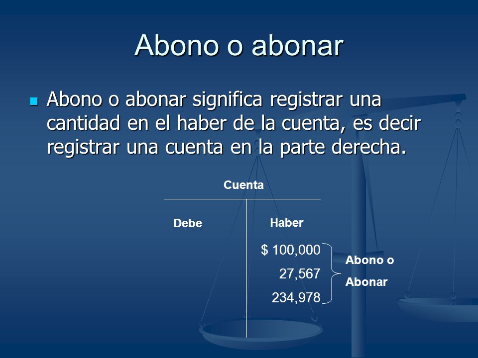 Abono o abonar Abono o abonar significa registrar una cantidad en el haber de la cuenta, es decir registrar una cuenta en la parte derecha.