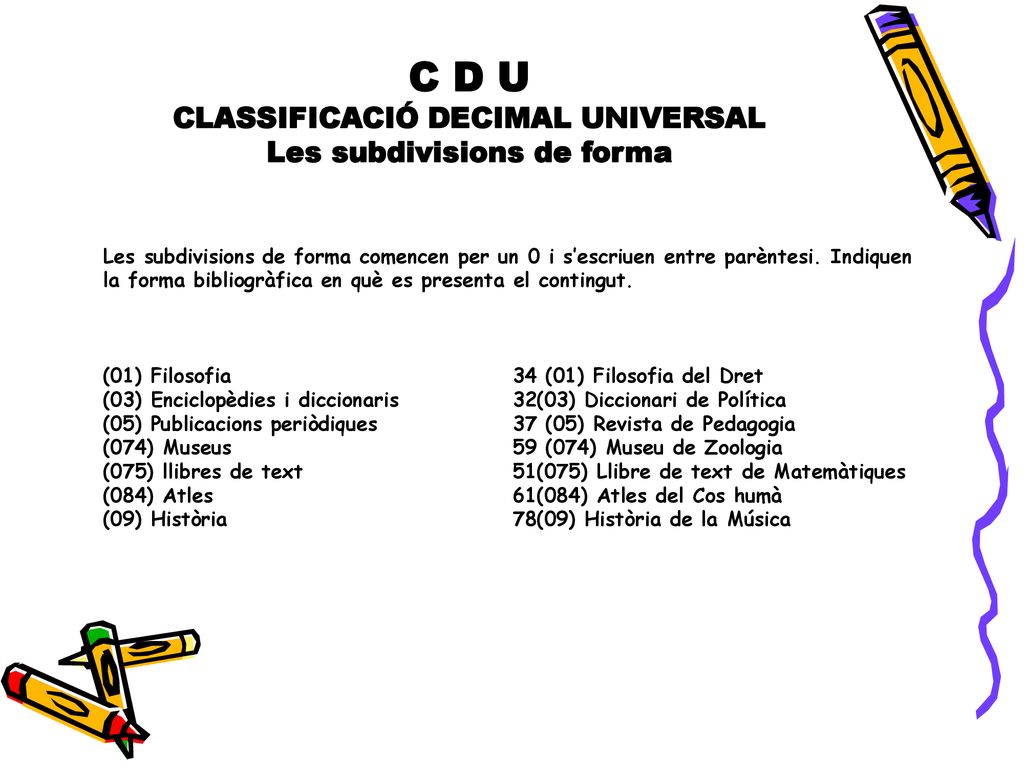 C D U CLASSIFICACIÓ DECIMAL UNIVERSAL Les subdivisions de forma