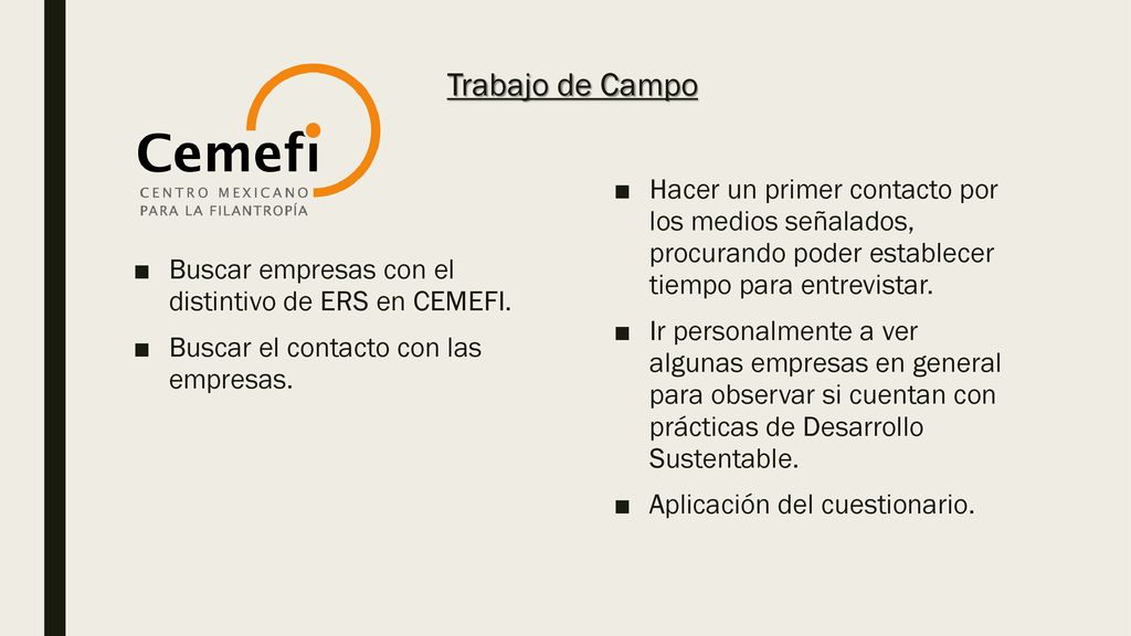 Trabajo de Campo Hacer un primer contacto por los medios señalados, procurando poder establecer tiempo para entrevistar.