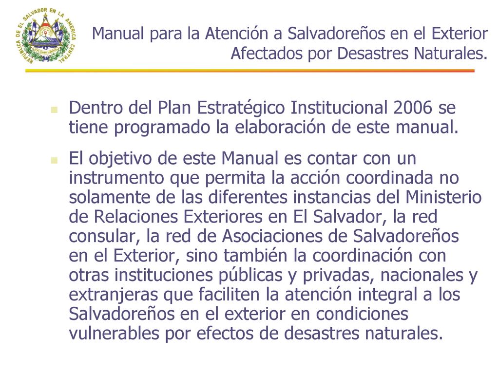 Manual para la Atención a Salvadoreños en el Exterior Afectados por Desastres Naturales.