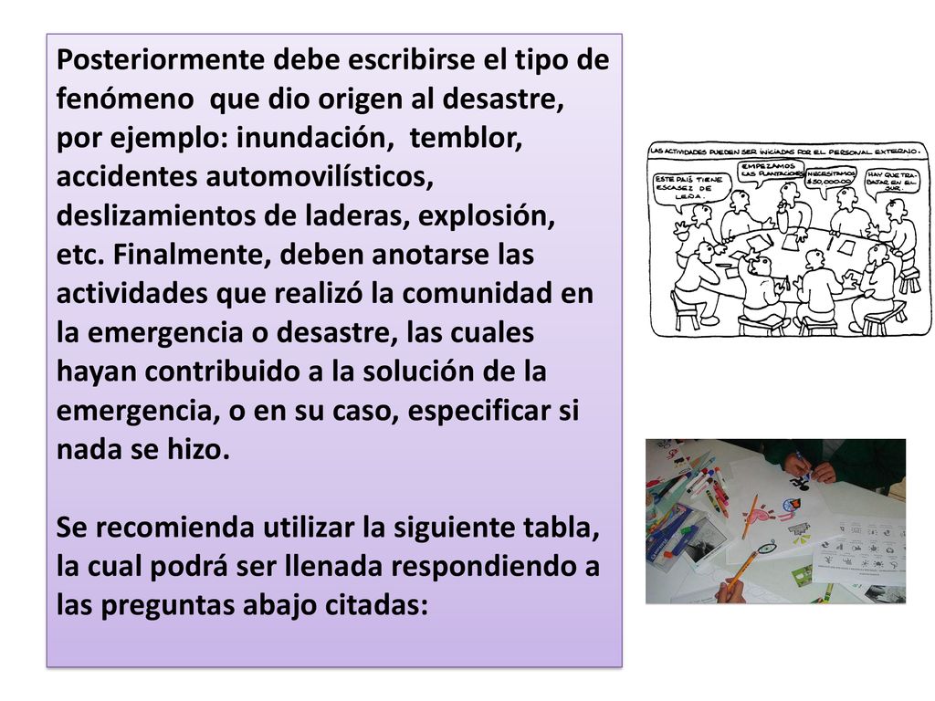 Posteriormente debe escribirse el tipo de fenómeno que dio origen al desastre, por ejemplo: inundación, temblor, accidentes automovilísticos, deslizamientos de laderas, explosión, etc.