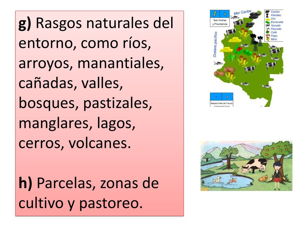 g) Rasgos naturales del entorno, como ríos, arroyos, manantiales, cañadas, valles, bosques, pastizales, manglares, lagos, cerros, volcanes.