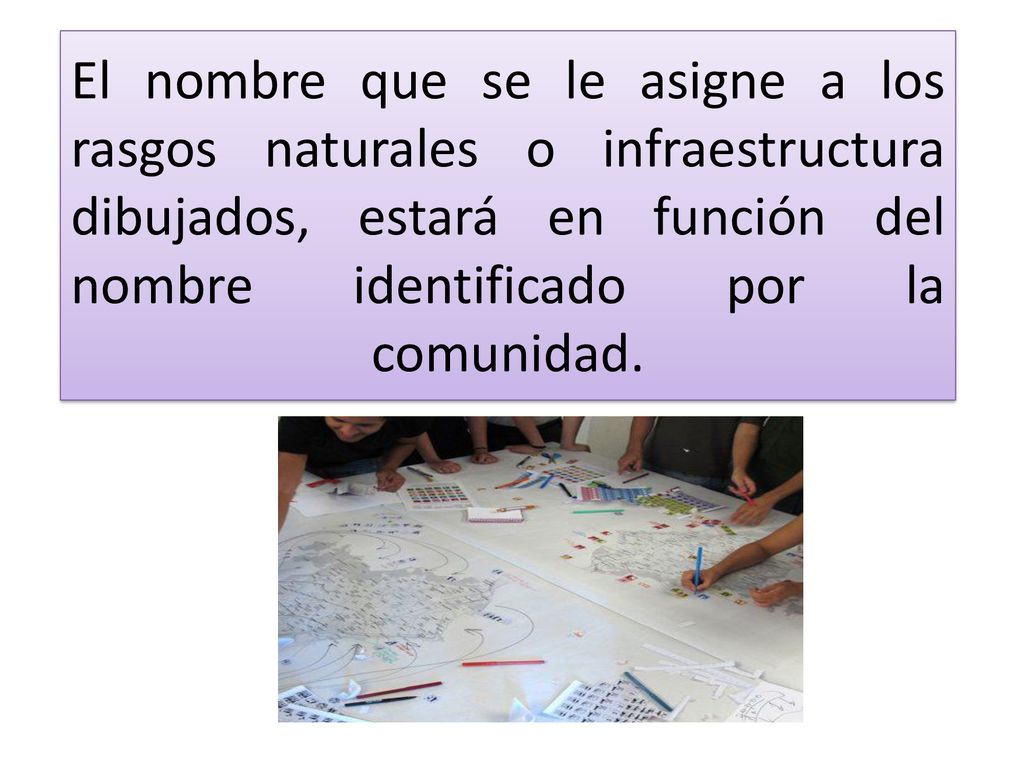 El nombre que se le asigne a los rasgos naturales o infraestructura dibujados, estará en función del nombre identificado por la comunidad.