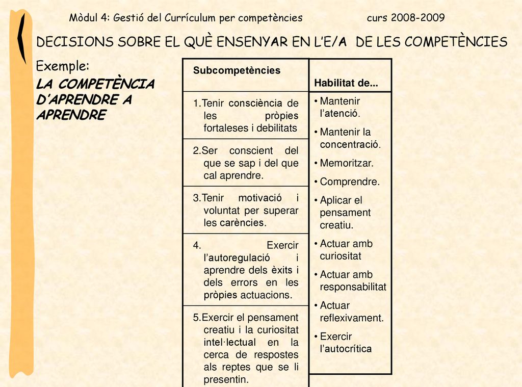 DECISIONS SOBRE EL QUÈ ENSENYAR EN L’E/A DE LES COMPETÈNCIES