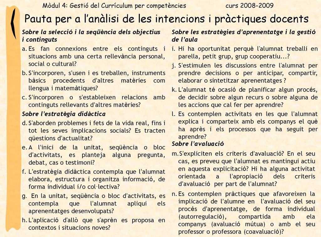 Pauta per a l’anàlisi de les intencions i pràctiques docents