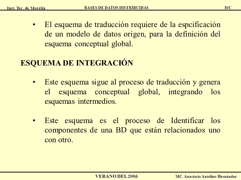 El esquema de traducción requiere de la espcificación de un modelo de datos origen, para la definición del esquema conceptual global.