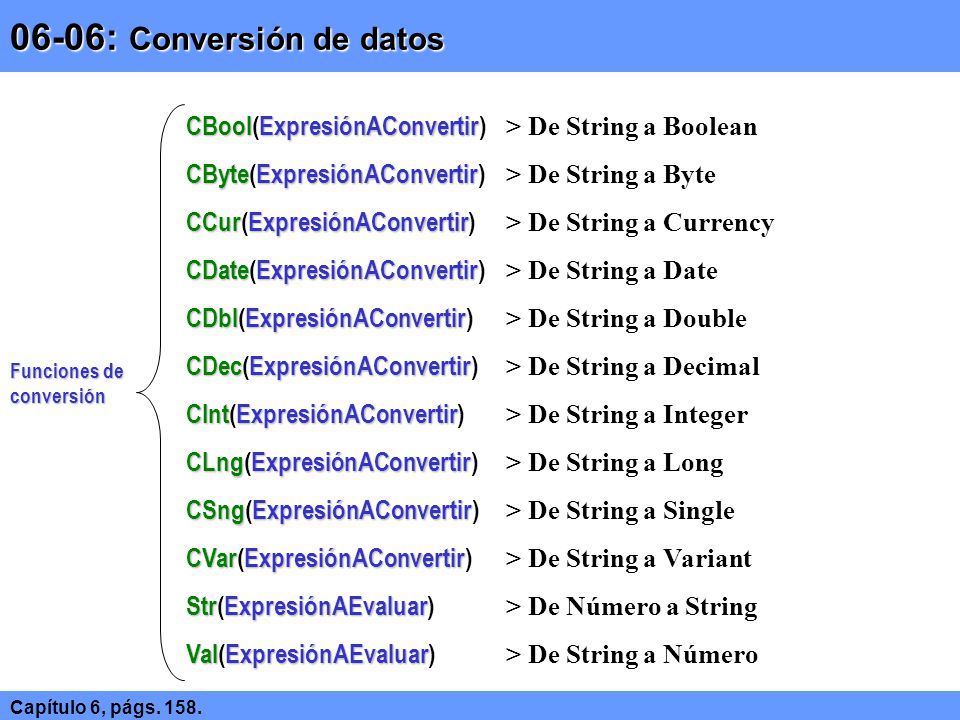06-06: Conversión de datos CBool(ExpresiónAConvertir) > De String a Boolean. CByte(ExpresiónAConvertir) > De String a Byte.
