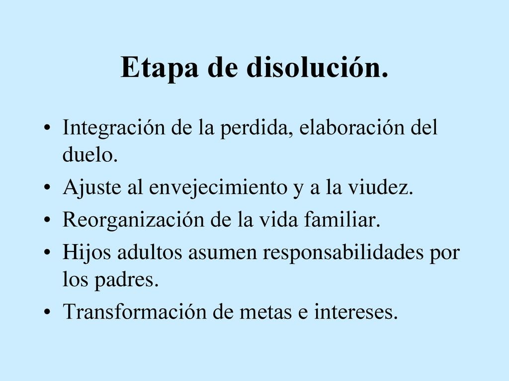 Etapa de disolución. Integración de la perdida, elaboración del duelo.