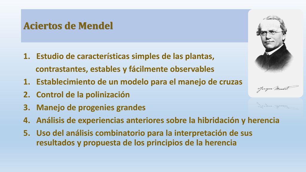 Aciertos de Mendel Estudio de características simples de las plantas,