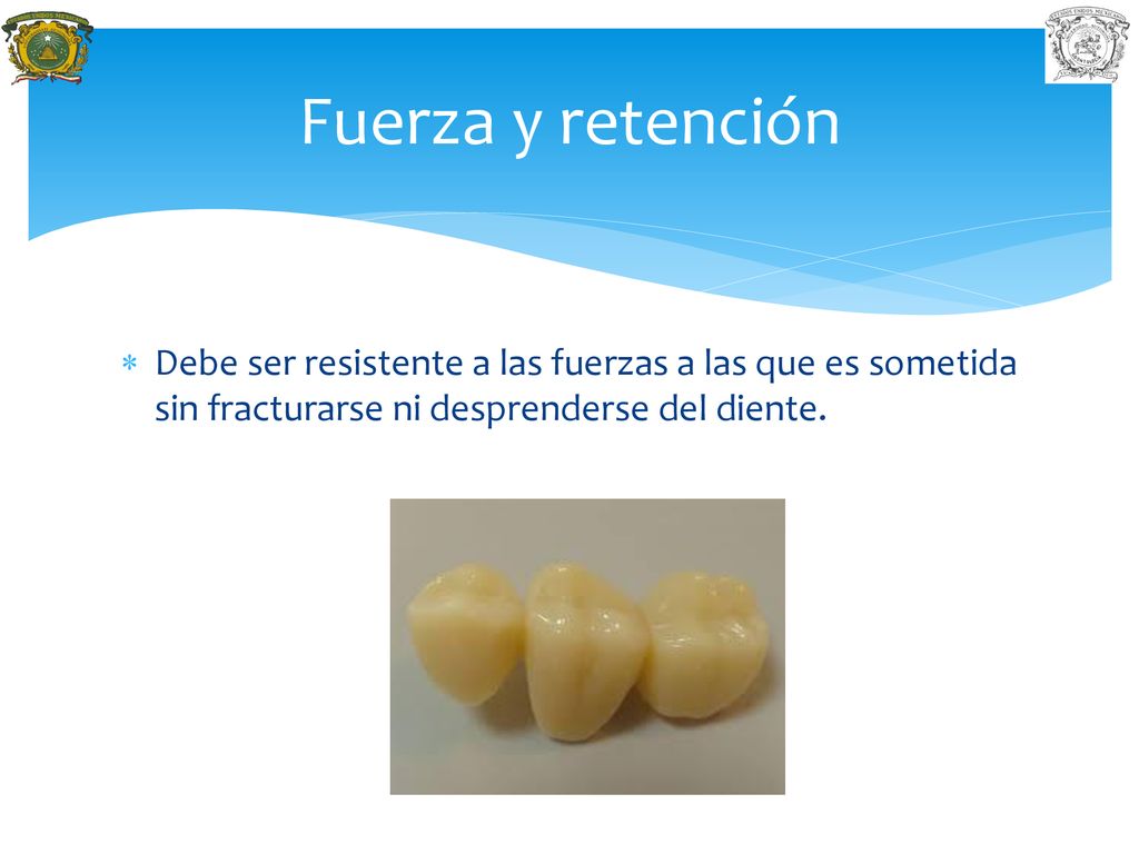 Fuerza y retención Debe ser resistente a las fuerzas a las que es sometida sin fracturarse ni desprenderse del diente.