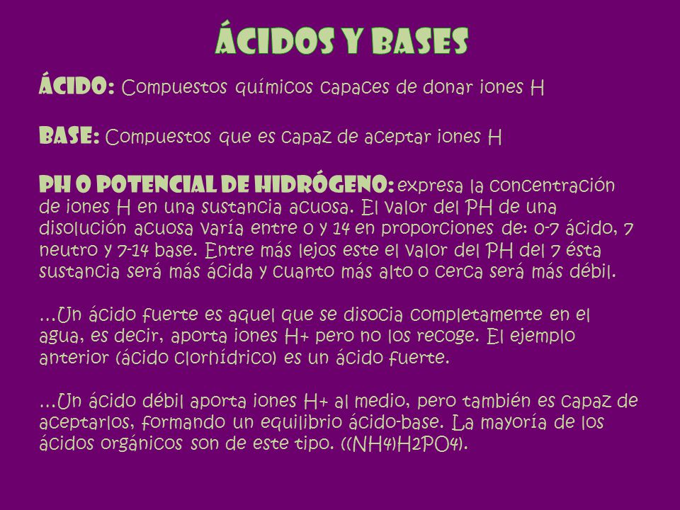 Ácidos y bases Ácido: Compuestos químicos capaces de donar iones H