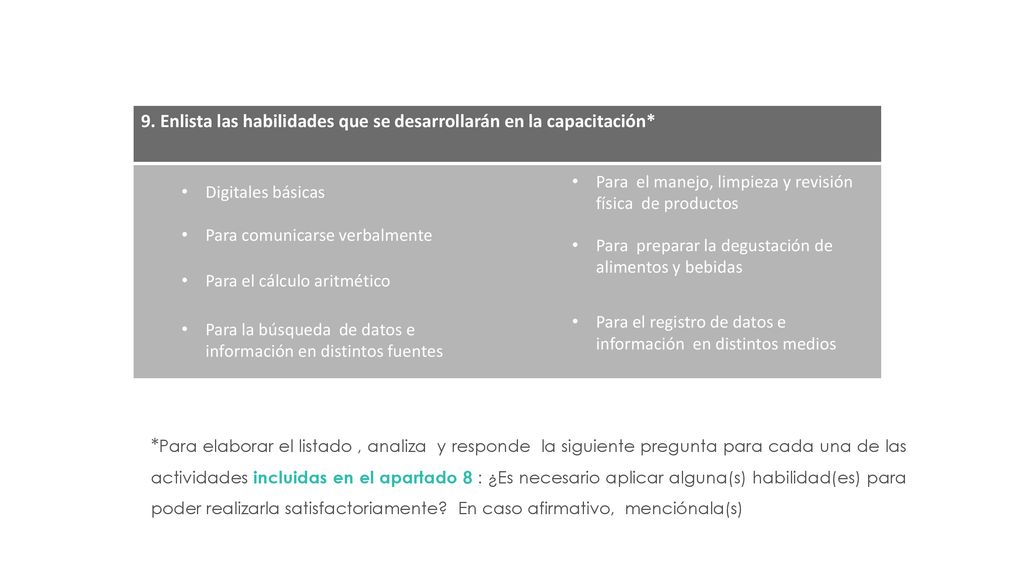 9. Enlista las habilidades que se desarrollarán en la capacitación*
