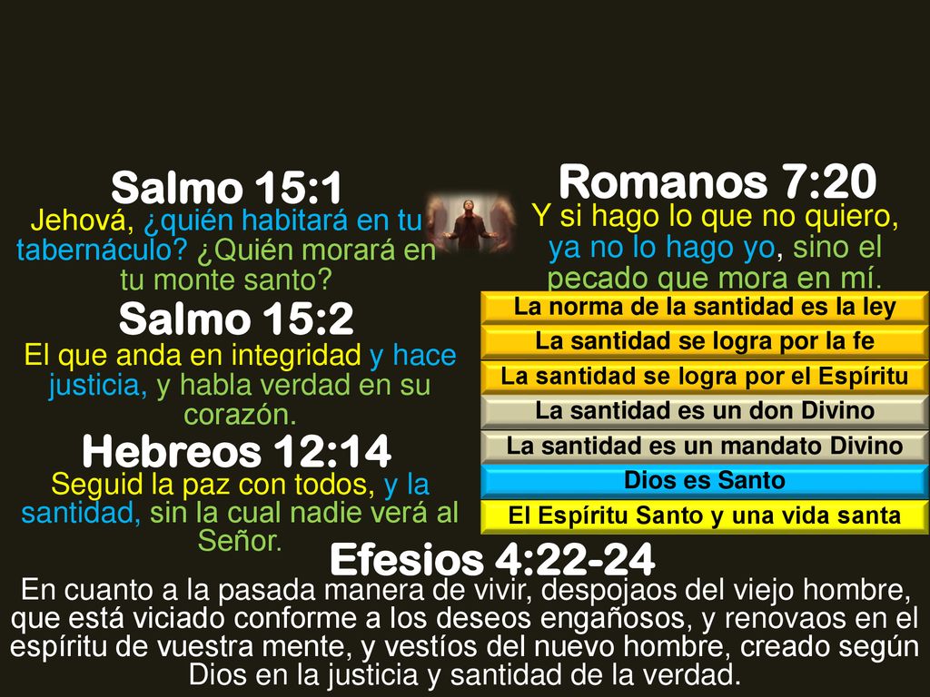 Romanos 7:20 Salmo 15:1 Salmo 15:2 Hebreos 12:14 Efesios 4:22-24