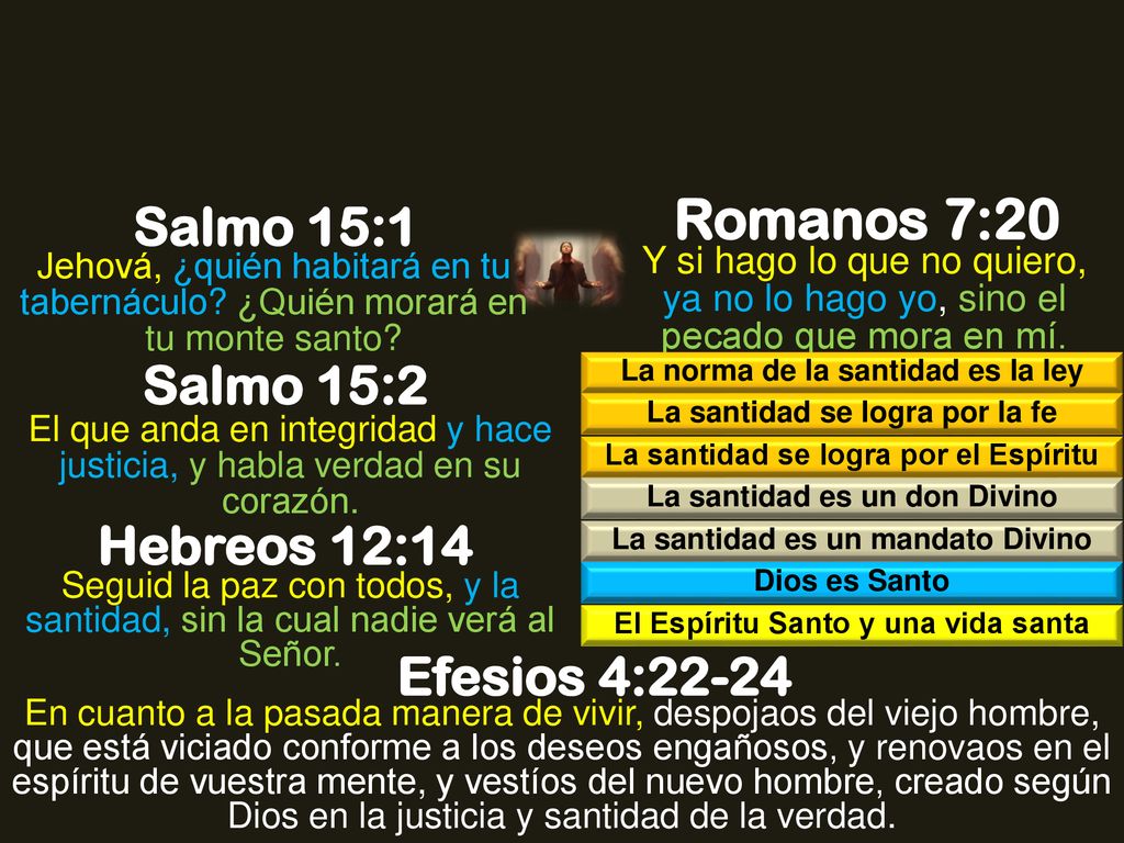 Romanos 7:20 Salmo 15:1 Salmo 15:2 Hebreos 12:14 Efesios 4:22-24