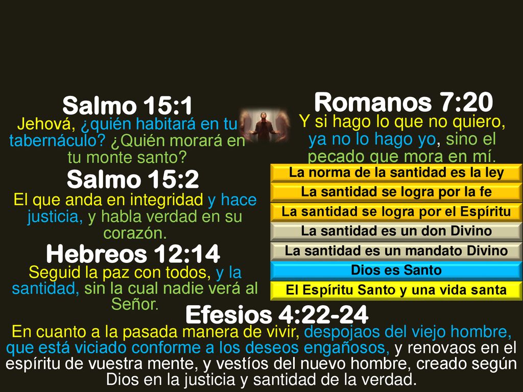 Romanos 7:20 Salmo 15:1 Salmo 15:2 Hebreos 12:14 Efesios 4:22-24