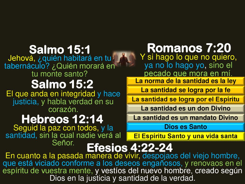 Romanos 7:20 Salmo 15:1 Salmo 15:2 Hebreos 12:14 Efesios 4:22-24