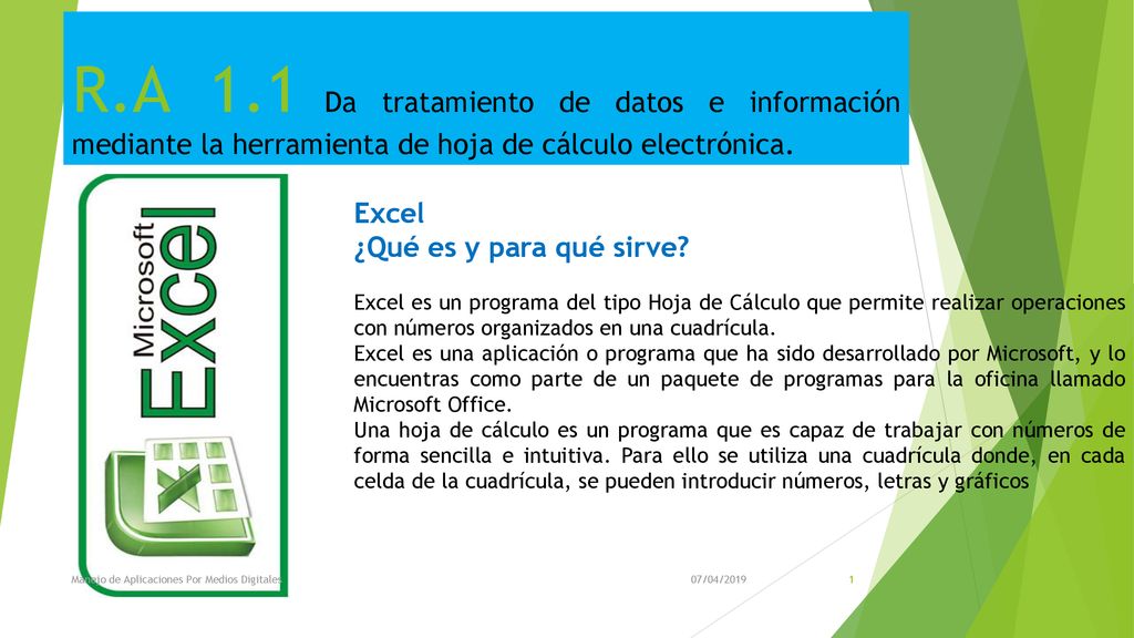 R.A 1.1 Da tratamiento de datos e información mediante la herramienta de hoja de cálculo electrónica.