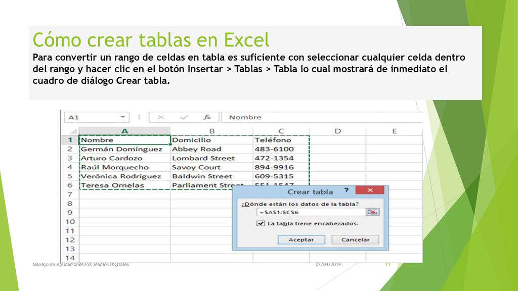 Cómo crear tablas en Excel Para convertir un rango de celdas en tabla es suficiente con seleccionar cualquier celda dentro del rango y hacer clic en el botón Insertar > Tablas > Tabla lo cual mostrará de inmediato el cuadro de diálogo Crear tabla.