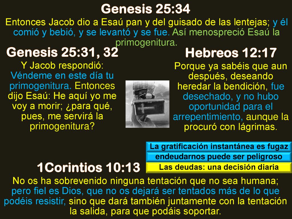 Genesis 25:34 Genesis 25:31, 32 Hebreos 12:17 1Corintios 10:13