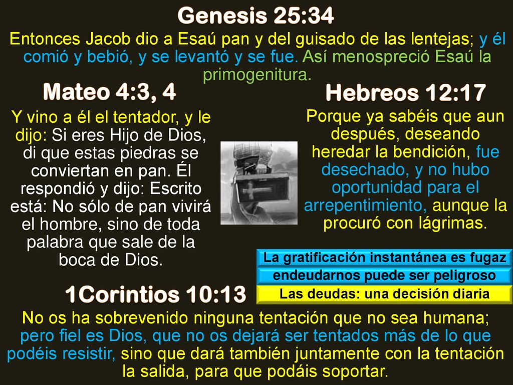Genesis 25:34 Mateo 4:3, 4 Hebreos 12:17 1Corintios 10:13