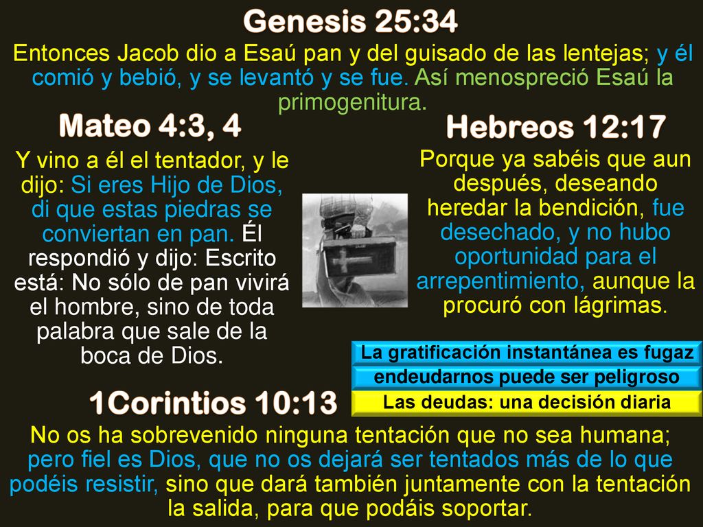 Genesis 25:34 Mateo 4:3, 4 Hebreos 12:17 1Corintios 10:13