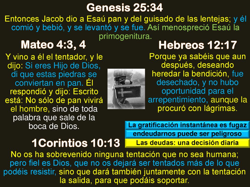 Genesis 25:34 Mateo 4:3, 4 Hebreos 12:17 1Corintios 10:13