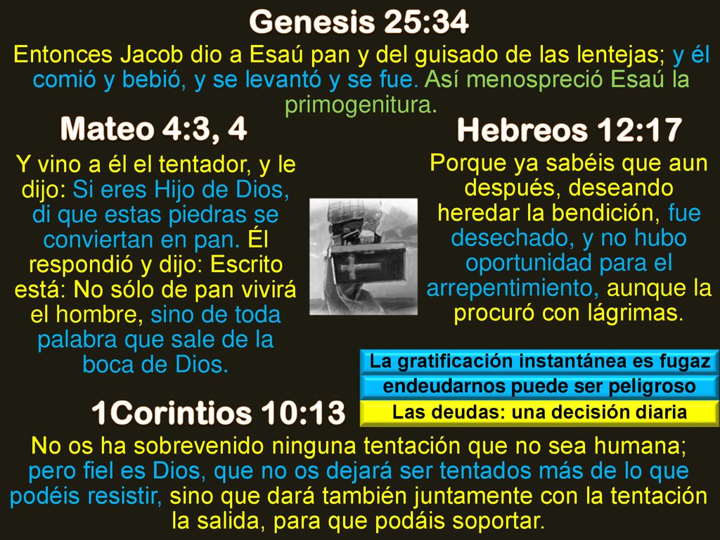 Genesis 25:34 Mateo 4:3, 4 Hebreos 12:17 1Corintios 10:13