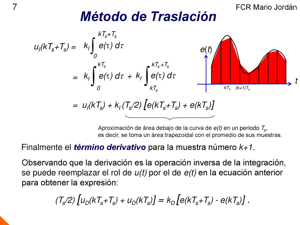    Método de Traslación 7 kI e(t) dt uI(kTs+Ts) = e(t) kI e(t) dt +