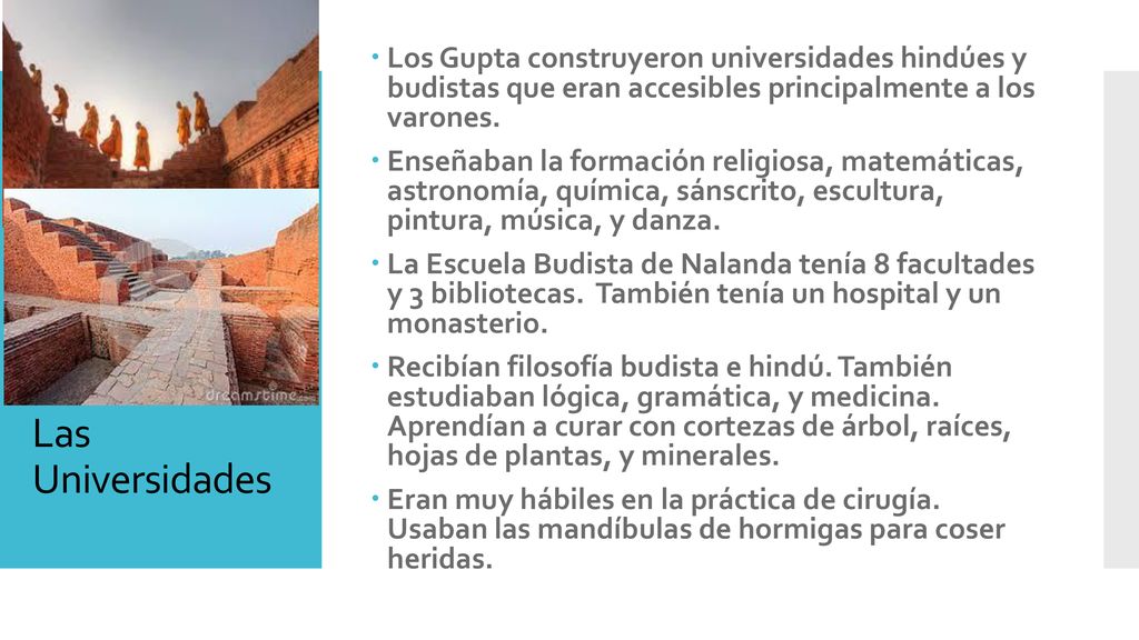 Los Gupta construyeron universidades hindúes y budistas que eran accesibles principalmente a los varones.