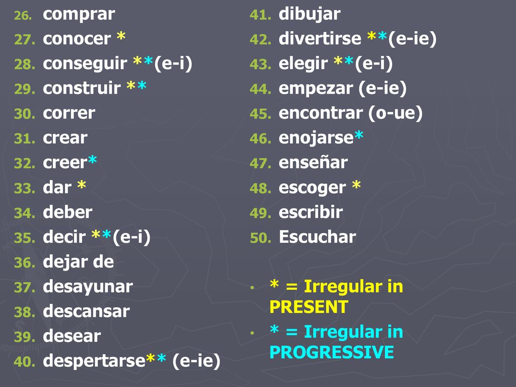comprar dibujar. conocer * divertirse **(e-ie) conseguir **(e-i) elegir **(e-i) construir ** empezar (e-ie)