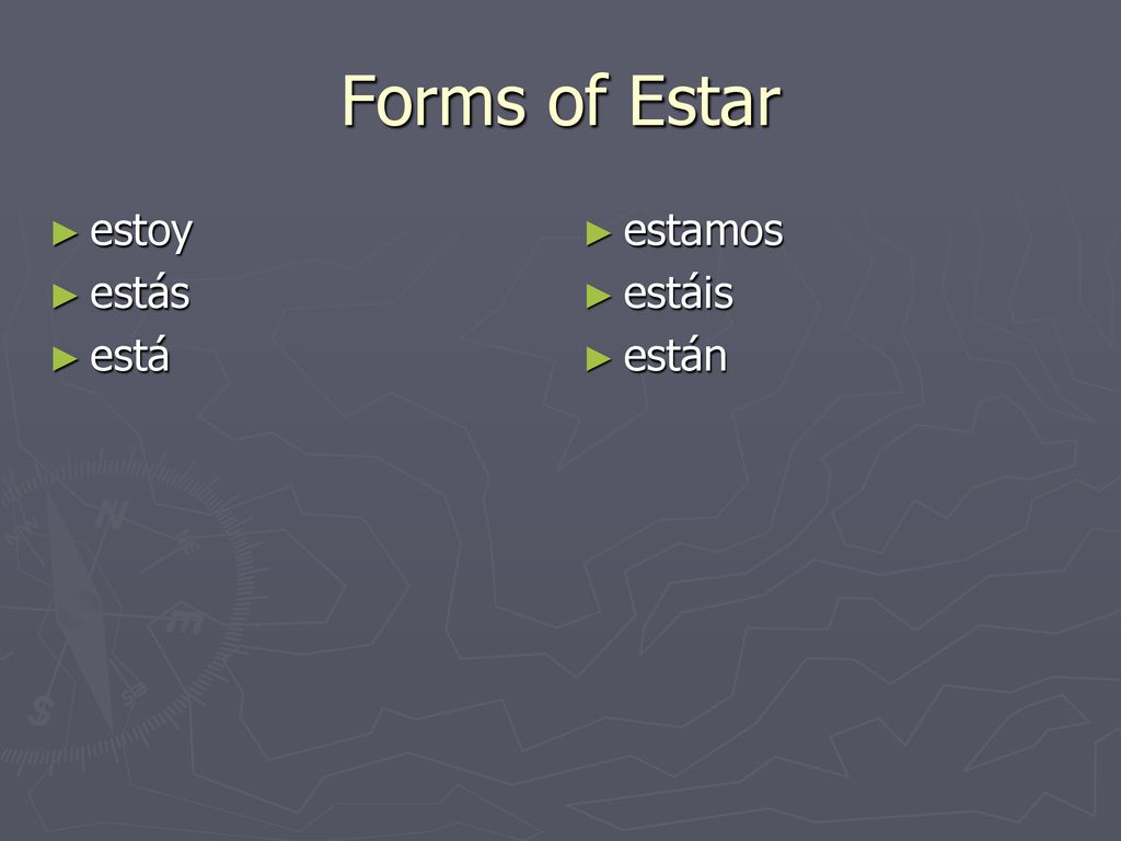 Forms of Estar estoy estás está estamos estáis están