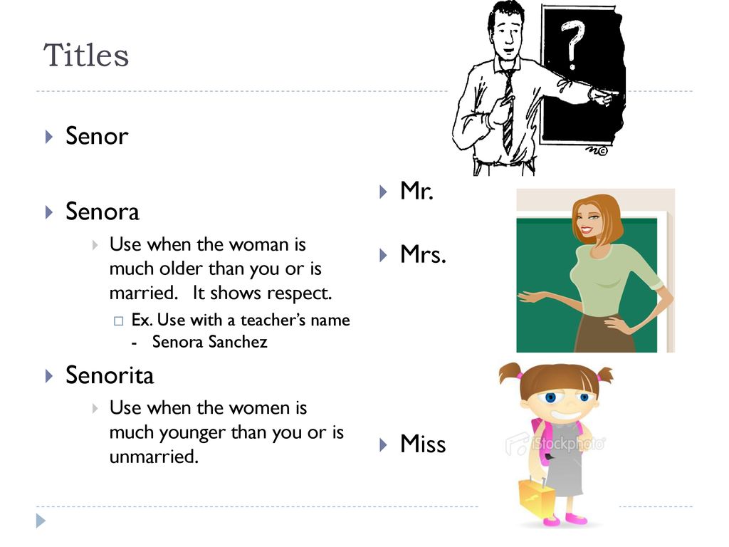 Titles Senor Senora Mr. Mrs. Senorita Miss