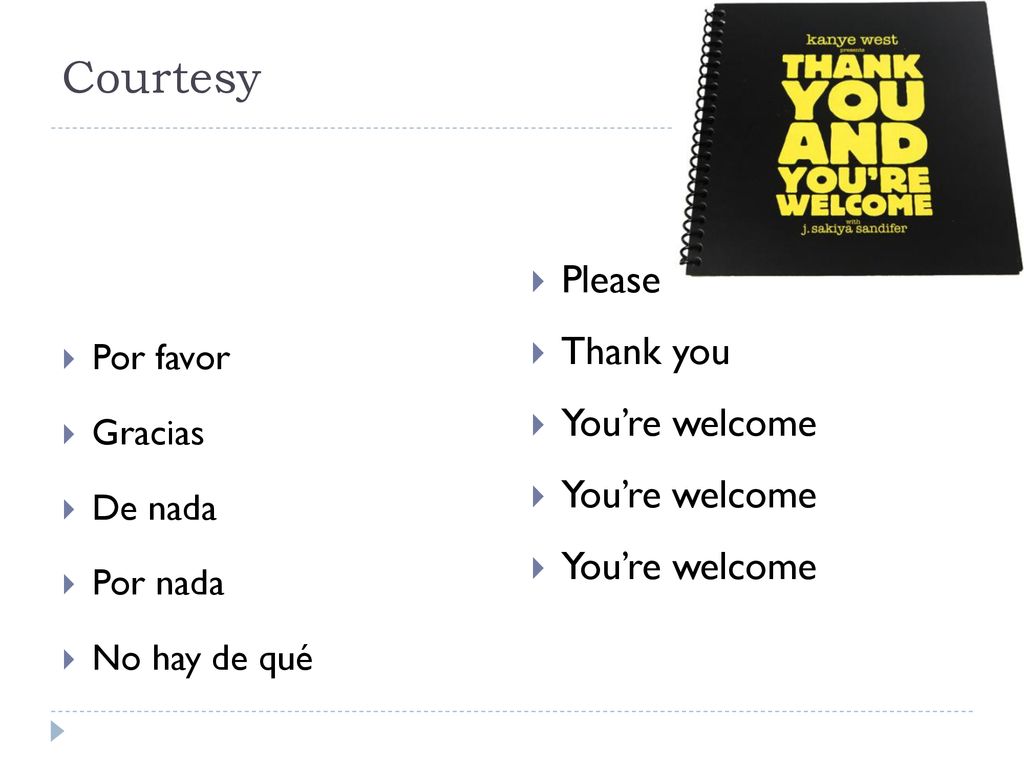 Courtesy Please Thank you You’re welcome Por favor Gracias De nada