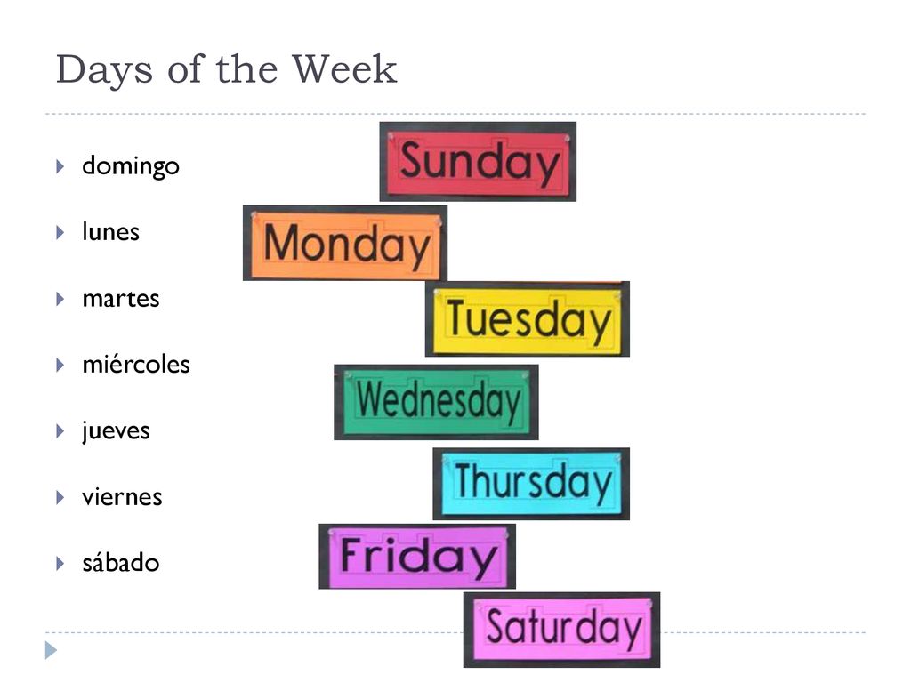 Days of the Week domingo lunes martes miércoles jueves viernes sábado
