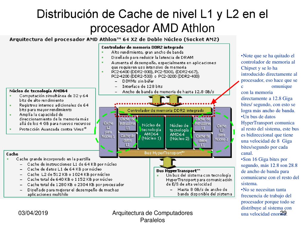 Distribución de Cache de nivel L1 y L2 en el procesador AMD Athlon