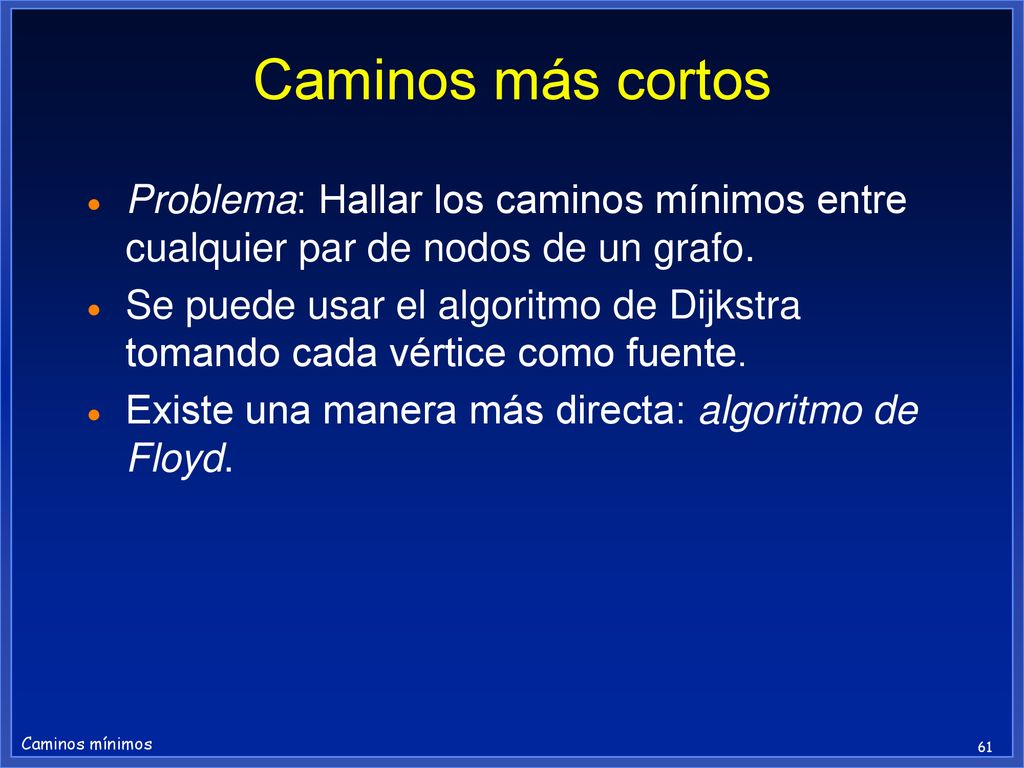 Caminos más cortos Problema: Hallar los caminos mínimos entre cualquier par de nodos de un grafo.