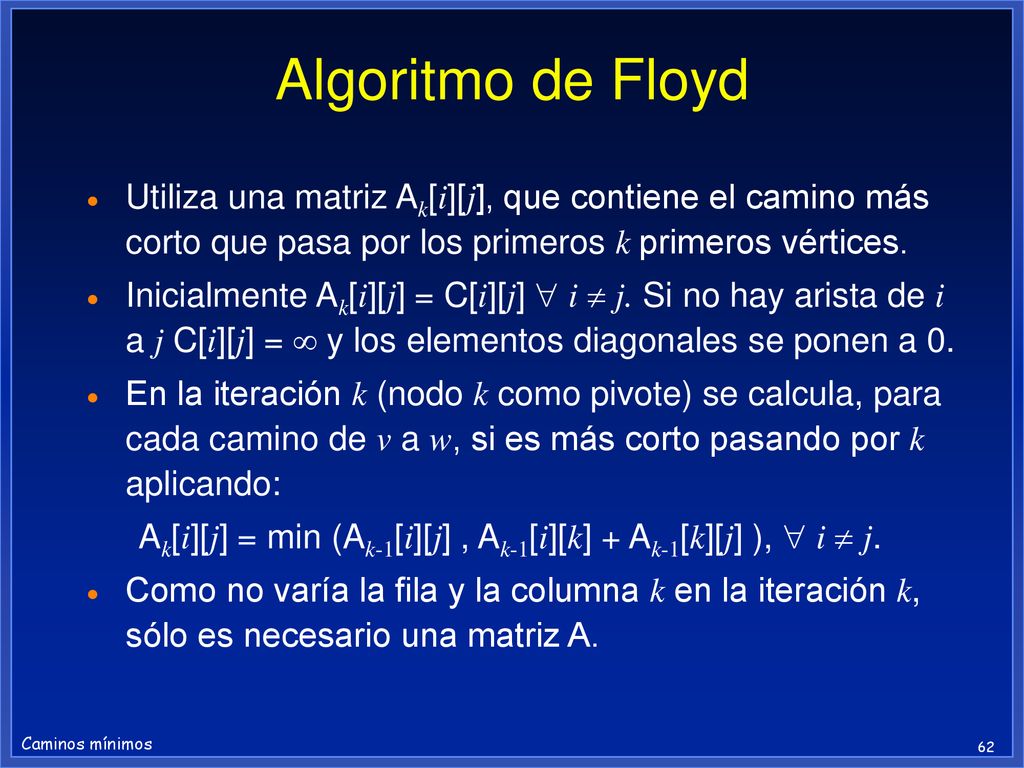 Algoritmo de Floyd Utiliza una matriz Ak[i][j], que contiene el camino más corto que pasa por los primeros k primeros vértices.